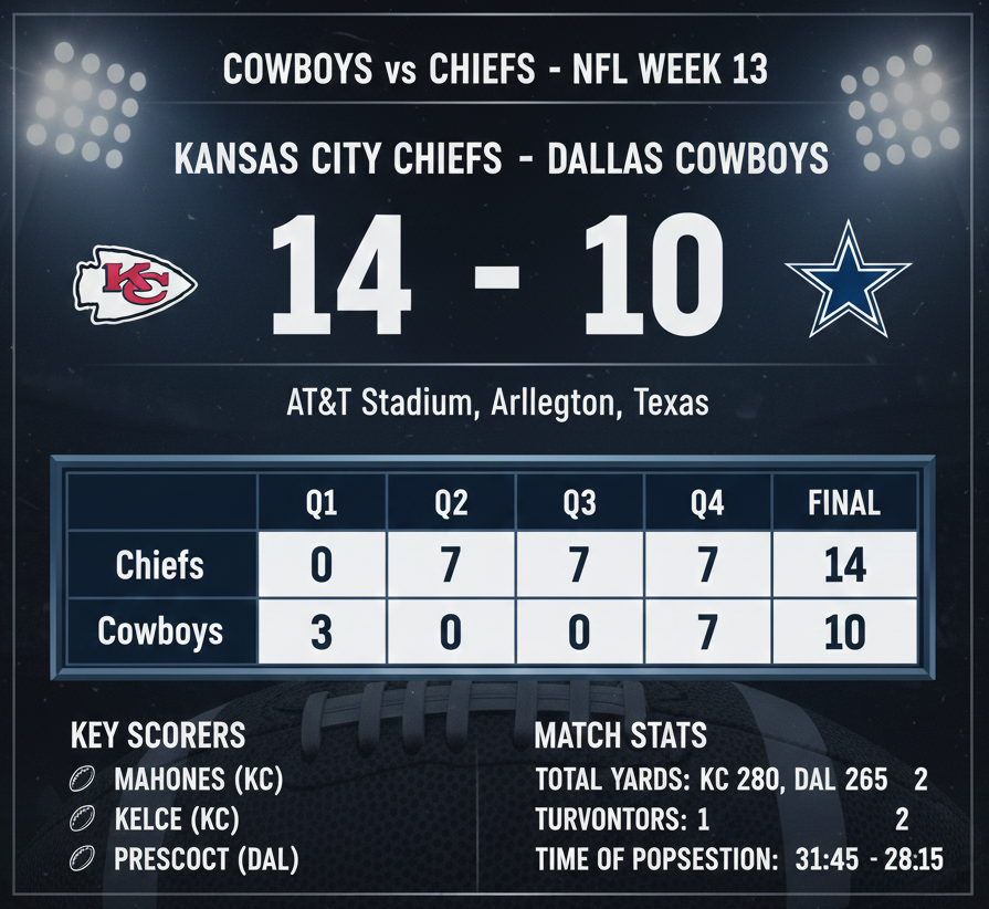 Cowboys vs Chiefs NFL Week 13 scorecard showing Kansas City Chiefs 14–10 win over Dallas Cowboys