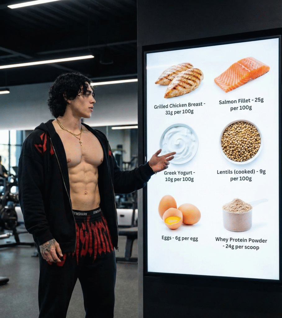 High protein foods including chicken, eggs, fish, lentils, nuts, and dairy for muscle and health