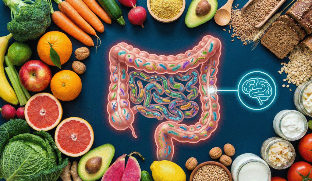 Gut Health guide showing healthy digestive system, balanced microbiome, and natural foods