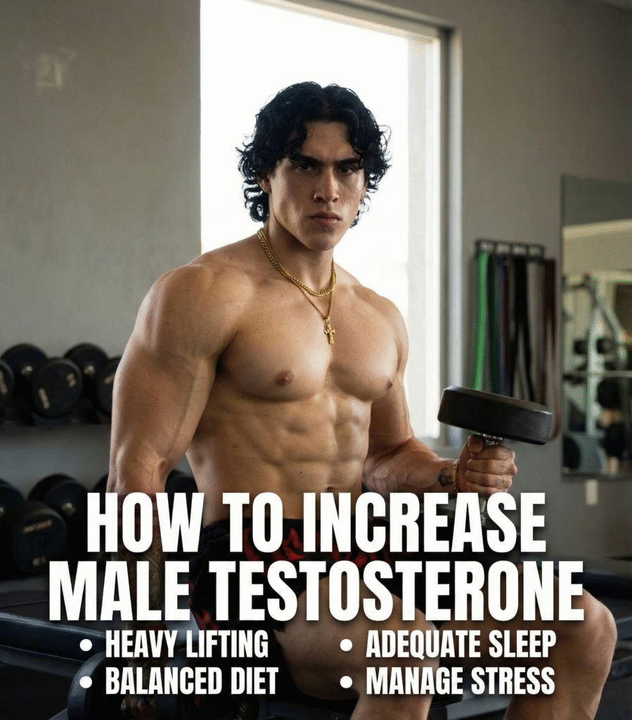 Increase Male Testosterone naturally through strength training, healthy lifestyle, and balanced hormones in men