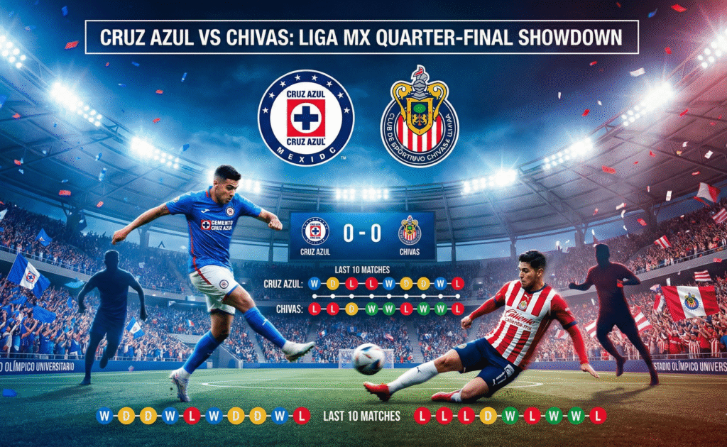 Cruz Azul vs Chivas upcoming match preview with players in action, team logos, stadium full of cheering fans, and visual icons showing last 10 matches results