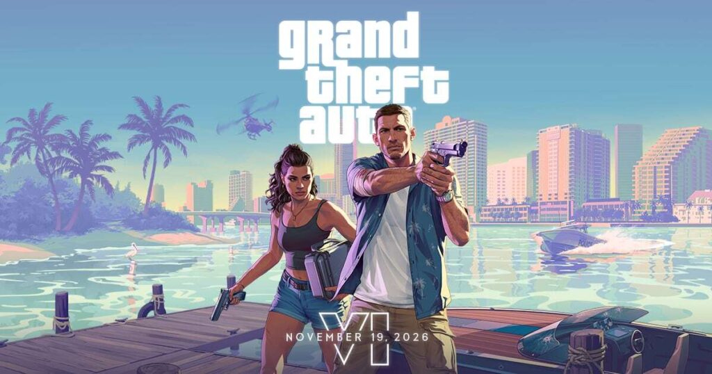 GTA 6 Official Poster featuring protagonists Jason and Lucia in Vice City Leonida.