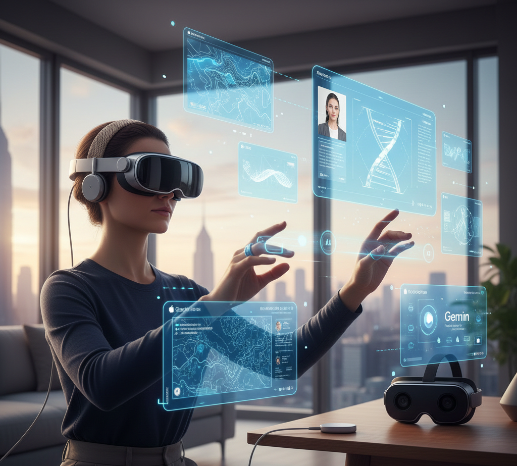 User in a modern home office interacting with 20 floating virtual windows using Apple Vision Pro 2 and hand gestures.