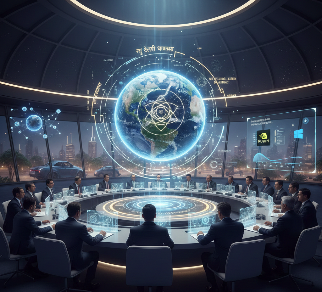 Global leaders at the AI Impact Summit 2026 in New Delhi, featuring a holographic globe with agentic AI symbols, Nvidia Rubin architecture icons, and Windows 11 interface elements in a futuristic boardroom.